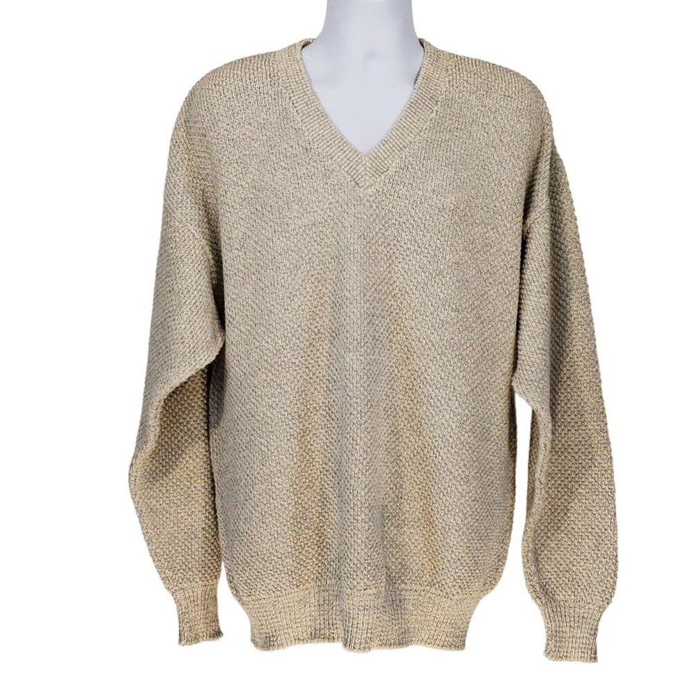 VTG Peconic Bay Traders V-Neck Pullover‎ Sweater Oatmeal Preppy Academia Mens L